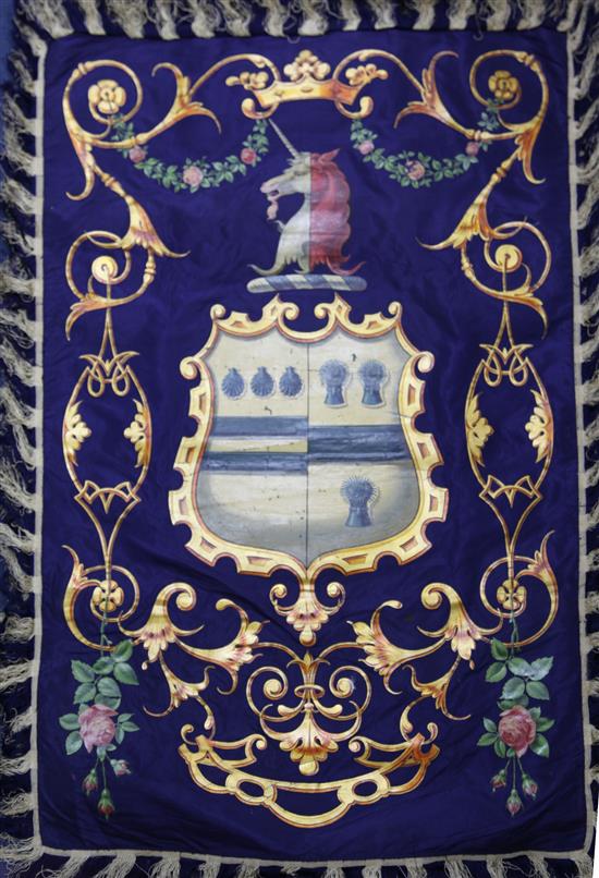 Two late Victorian painted silk hatchments, 36 x 25in., unframed